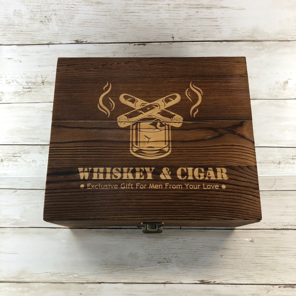 Whiskey and Cigar Gift Set Wood Box 2 Twisted Glasses Chilling Stones Unused